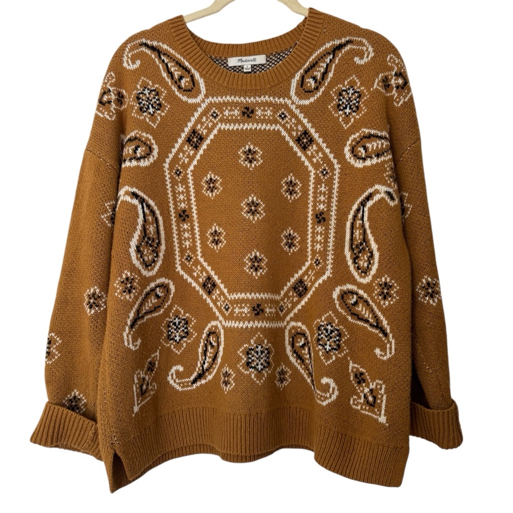 Madewell Brown Crew Neck Sweater with Bandana Pattern
